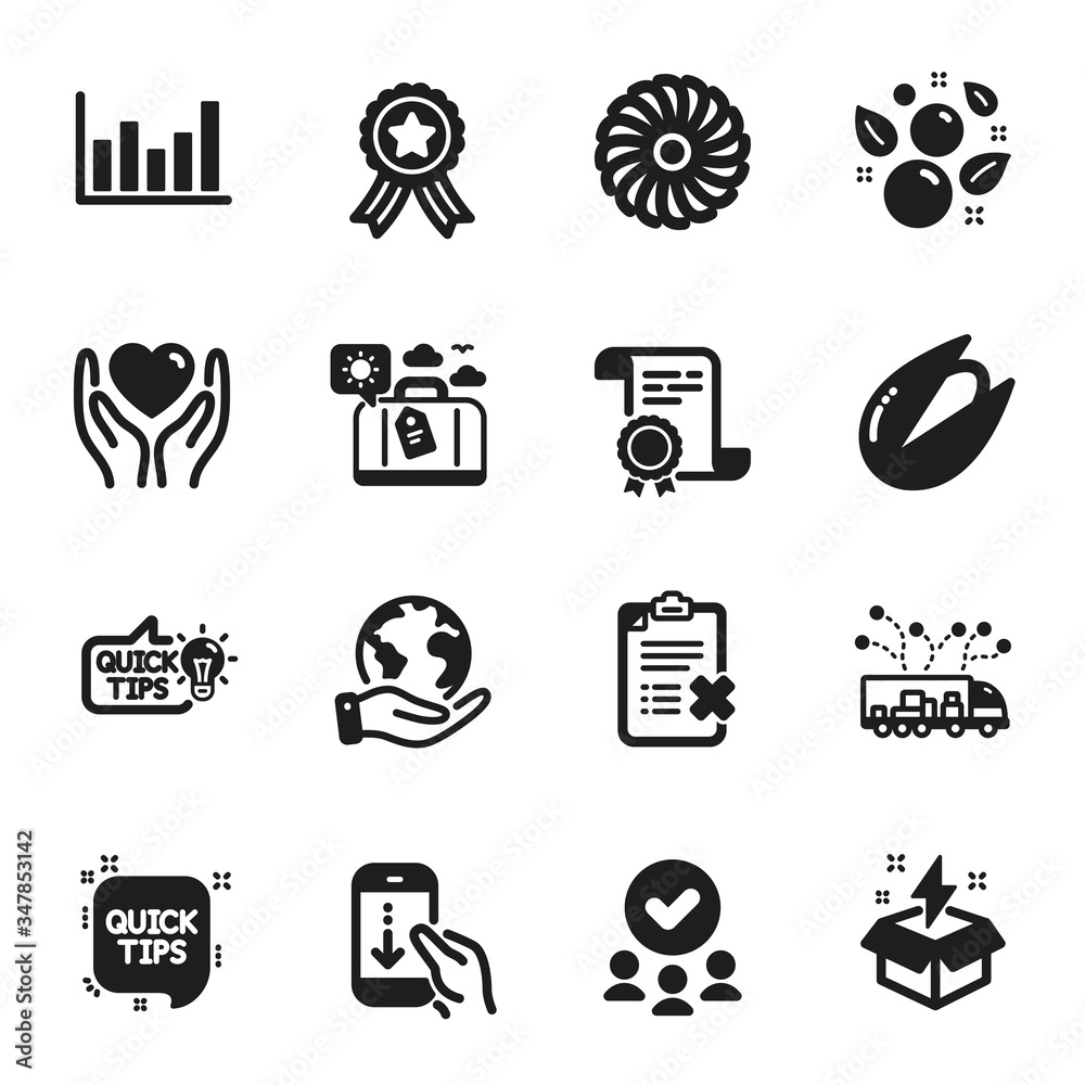 Set of Business icons, such as Scroll down, Hold heart. Certificate, approved group, save planet. Truck delivery, Column chart, Reject checklist. Travel luggage, Fan engine, Education idea. Vector Set of Business icons, such as Scroll down, Hold heart. Certificate, approved group, save planet. Truck delivery, Column chart, Reject checklist. Travel luggage, Fan engine, Education idea. Vector