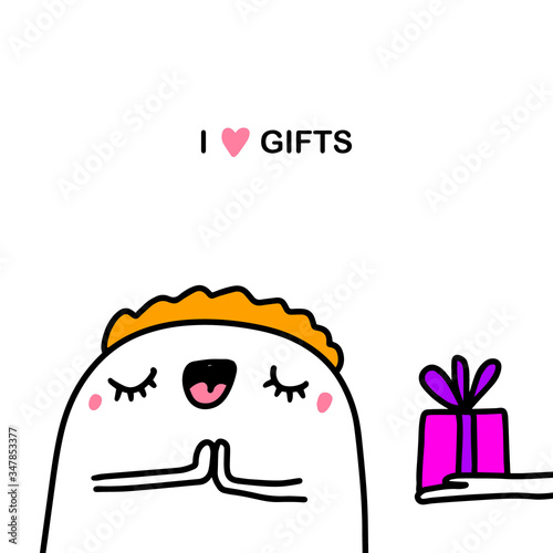 I love gifts hand drawn vector illustration in cartoon comic style woman happy to get present