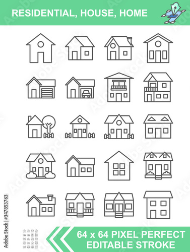 Set of residential house, home, apartment. Symbol for infographic, website, and application. Vector illustrator flat icon. Editable stroke. 64 x 64 pixel perfect.