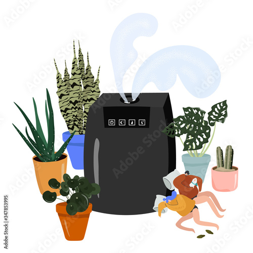 Flat vector home air humidifier, air cleaner, vaporizer. Bright vector cartoon concept about benefit of a air humidifier for newborns and adults and home plants. Humidification of the room.