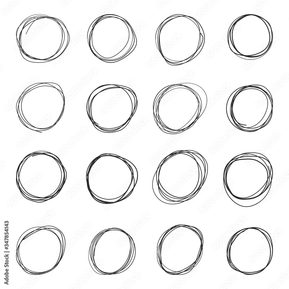 Hand drawn circle line sketch set.  circular scribble doodle round circles for message note mark design element