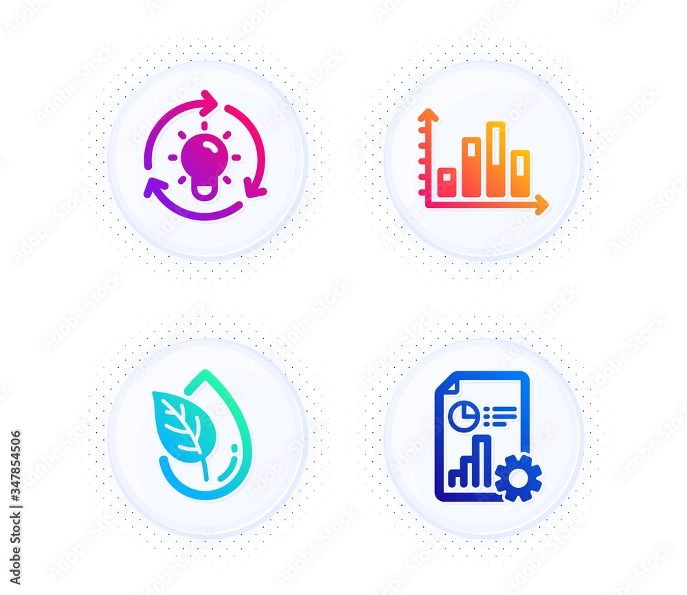 Diagram graph, Organic product and Idea icons simple set. Button with halftone dots. Report sign. Presentation chart, Leaf, Lightbulb. Presentation document. Science set. Vector