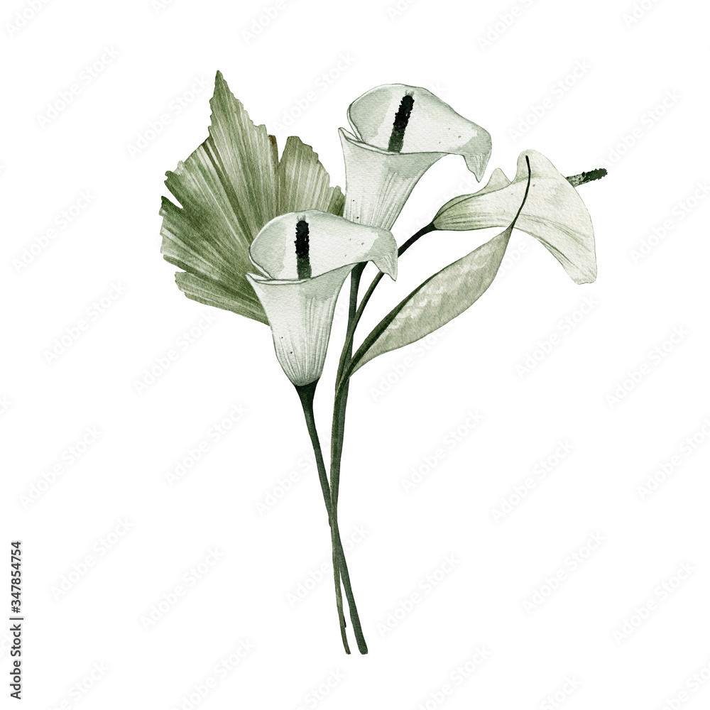 Φωτογραφία Watercolor summer floral tropical bouquet with calla lily flowers green palm leaves isolated