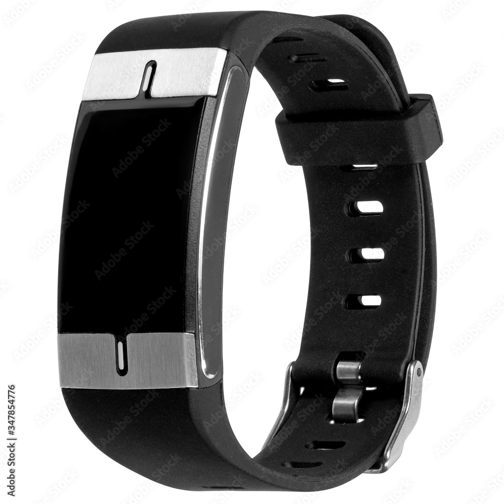 Smart fitness bracelet with heart rate measurement, silicone black strap and blank screen for logo or inscription hanging in the air, isolated on a white background. Three quarter view Smart fitness bracelet with heart rate measurement, silicone black strap and blank screen for logo or inscription hanging in the air, isolated on a white background. Three quarter view