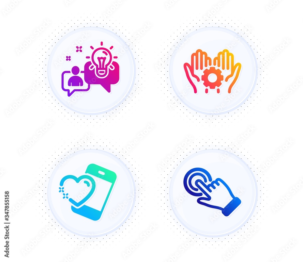 Idea, Heart and Employee hand icons simple set. Button with halftone dots. Touchscreen gesture sign. Solution, Love call, Work gear. Click hand. People set. Gradient flat idea icon. Vector