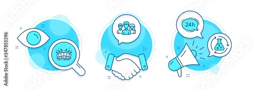 Chemistry experiment, 24h service and Teamwork line icons set. Handshake deal, research and promotion complex icons. Arena stadium sign. Laboratory flask, Call support, Group of users. Vector