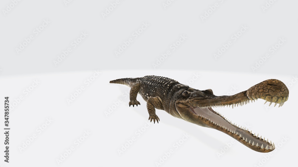 Naklejka premium 3d illustration of sarcosuchus. Sarcosuchus Reptile - Sarcosuchus is an extinct genus of carnivorous crocodile that lived in the Cretaceous Period of Africa.