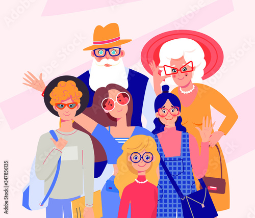 Young and elderly smiling people wearing glasses portraits. Opticians shop, vision care.