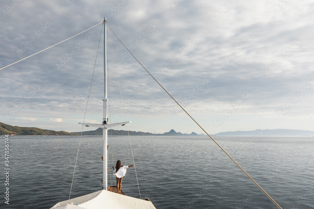 Woman enjoying cruise on luxury white yacht. Amazing ocean view around. Wealth travel concept, private boat tour. View from behind. Woman enjoying cruise on luxury white yacht. Amazing ocean view around. Wealth travel concept, private boat tour. View from behind.