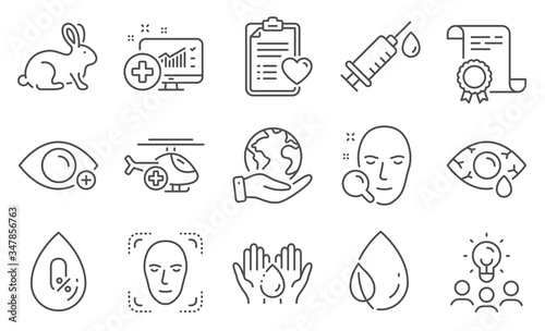 Set of Healthcare icons, such as Wash hands, Animal tested. Diploma, ideas, save planet. Leaf dew, No alcohol, Ð¡onjunctivitis eye. Face search, Patient history, Farsightedness. Vector