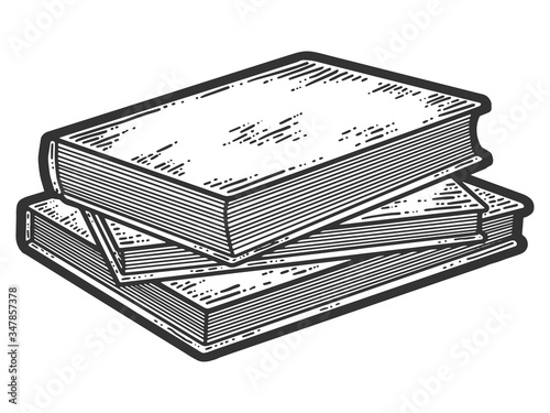 Isolated objects, three books are stacked. Sketch scratch board imitation.