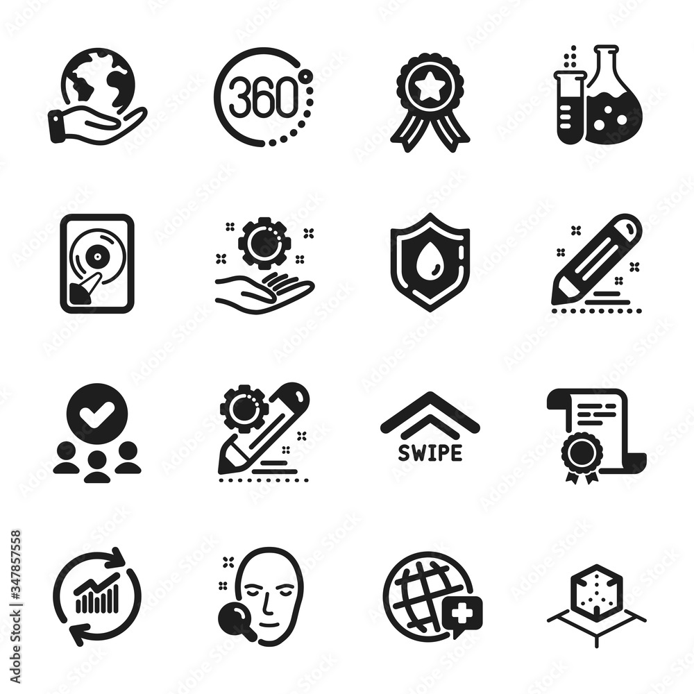 Set of Science icons, such as Update data, World medicine. Certificate, approved group, save planet. Augmented reality, Project edit, Brand contract. Employee hand, Swipe up, Face search. Vector Set of Science icons, such as Update data, World medicine. Certificate, approved group, save planet. Augmented reality, Project edit, Brand contract. Employee hand, Swipe up, Face search. Vector