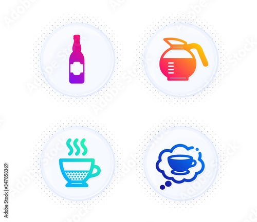 Doppio, Coffeepot and Beer bottle icons simple set. Button with halftone dots. Coffee cup sign. Coffee drink, Craft beer, Think bubble. Food and drink set. Gradient flat doppio icon. Vector