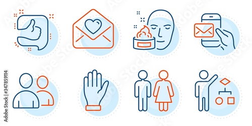 Algorithm, Like and Messenger mail signs. Hand, Face cream and Love letter line icons set. Users, Restroom symbols. Waving palm, Gel. People set. Outline icons set. Ð¡ircle with dashed line. Vector