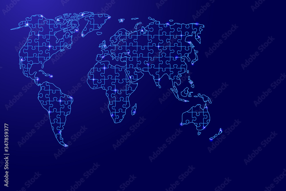 World map from blue pattern from composed puzzles and glowing space stars. Vector illustration.