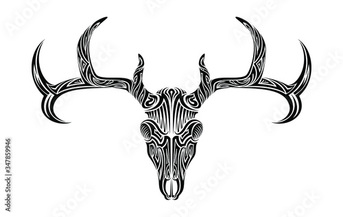 Creepy deer skull with antlers horns ethnic tribal tattoo vector art design illustration