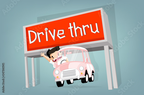 Boy drive car pass drive thru