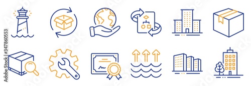 Set of Industrial icons, such as Return parcel, Skyscraper buildings. Certificate, save planet. Lighthouse, Technical algorithm, Search package. Buildings, Evaporation, Customisation. Vector