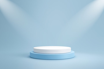 Studio template and white round shape pedestal on light blue background with spotlight product shelf. Blank studio podium for product advertising. 3D rendering.