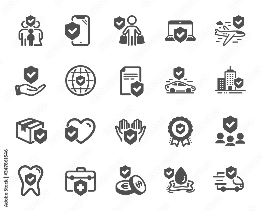Insurance icons. Health care, risk, help service. Car accident, flood insurance, flight protection icons. Safety document, money savings, delivery risk. Car full coverage. Vector