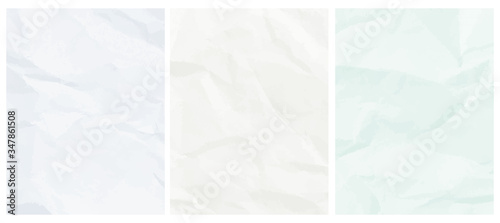 Set o 3 Abstract Geometric Vector Layouts. Pastel Color Crumpled Paper Layers. Pale Blue, Mint Green and Light Gray Backgrounds. Simple Creative Creased Paper Design. No Text.