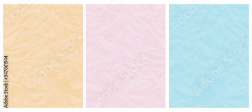 Set o 3 Abstract Geometric Vector Layouts. Pastel Color Crumpled Paper Layers. Light Pink, Yellow and Light Beige Backgrounds. Simple Creative Creased Paper Design. No Text.