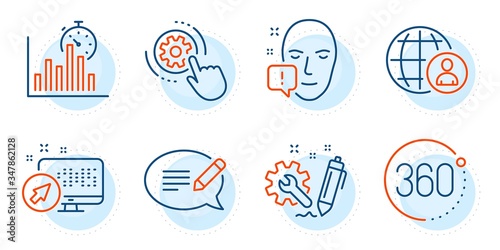 Message, International recruitment and 360 degrees signs. Face attention, Cogwheel settings and Engineering line icons set. Report timer, Web system symbols. Outline icons set. Vector