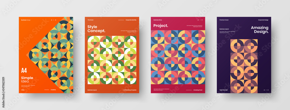 Company identity brochure template collection. Business presentation vector A4 vertical orientation front page mock up set. Corporate report cover abstract geometric illustration design layout bundle.