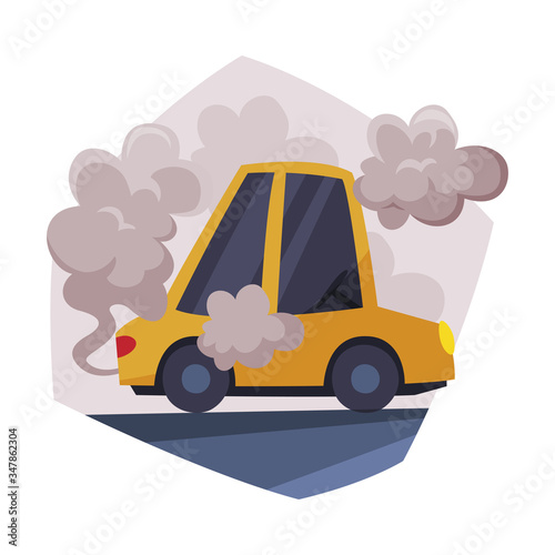 Yellow Car Emitting Dark Smoke, Ecological Problem, Environmental Pollution Vector Illustration