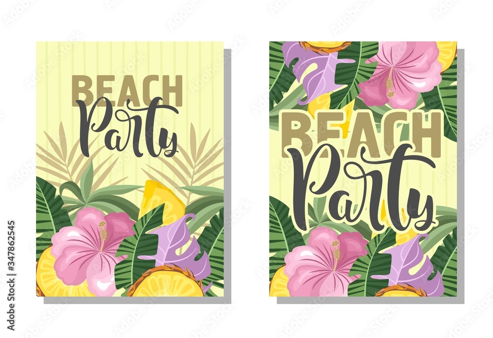A set of postcards. Fresh pineapple, leaves, flowers and slices. Manual calligraphy of the 