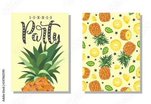 A set of postcards. Fresh pineapple, leaves, flowers and slices. Manual calligraphy of the "Summer Party". Label, banner advertising element.
Vector illustration. Printing on fabric, paper, postcards,