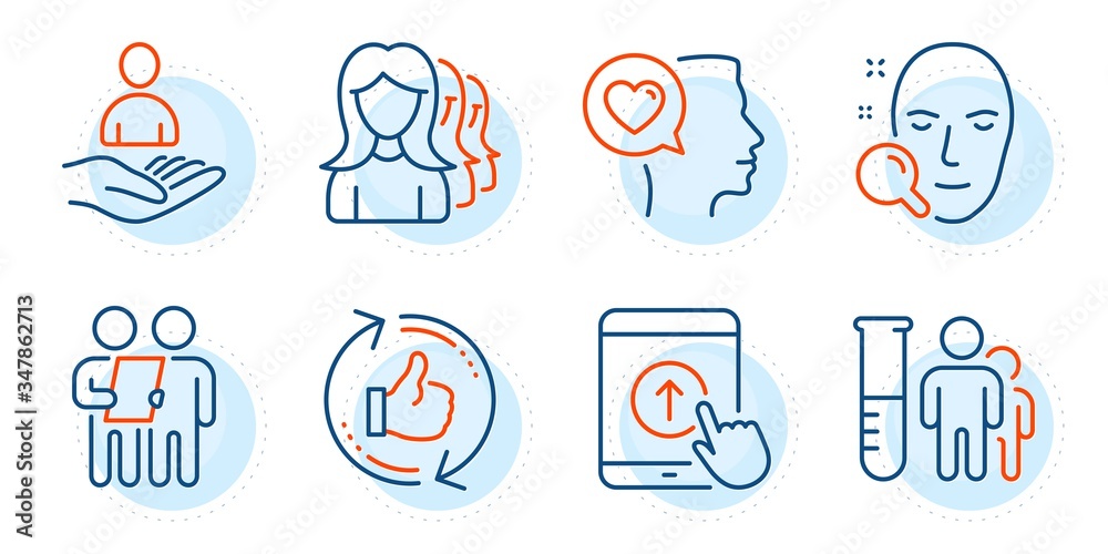 Refresh like, Face search and Recruitment signs. Swipe up, Medical analyzes and Romantic talk line icons set. Survey, Women headhunting symbols. Scrolling screen, Medicine results. Vector Refresh like, Face search and Recruitment signs. Swipe up, Medical analyzes and Romantic talk line icons set. Survey, Women headhunting symbols. Scrolling screen, Medicine results. Vector