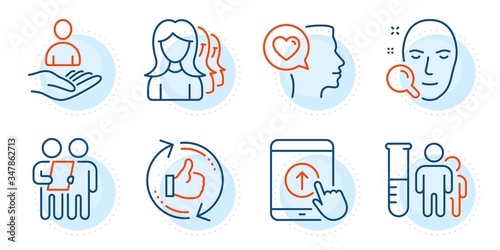 Refresh like, Face search and Recruitment signs. Swipe up, Medical analyzes and Romantic talk line icons set. Survey, Women headhunting symbols. Scrolling screen, Medicine results. Vector
