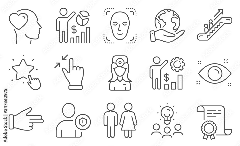 Set of People icons, such as Restroom, Touchscreen gesture. Diploma, ideas, save planet. Oculist doctor, Escalator, Seo statistics. Friend, Health eye, Click hand. Vector