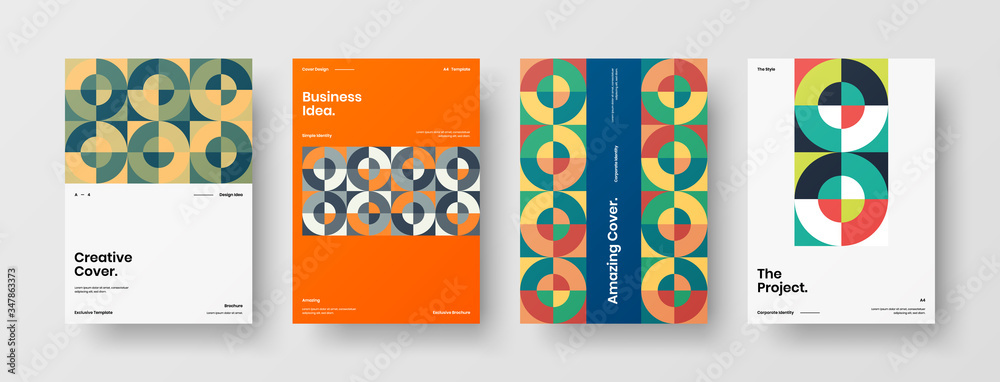 Company identity brochure template collection. Business presentation vector A4 vertical orientation front page mock up set. Corporate report cover abstract geometric illustration design layout bundle.