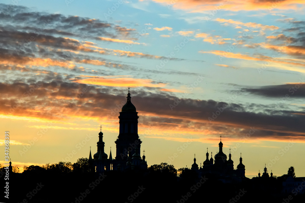 Panorama sunset view of Kyiv Pechersk Lavra, orthodox monastery included in UNESCO world heritage list in Kyiv, Ukraine. May 2020