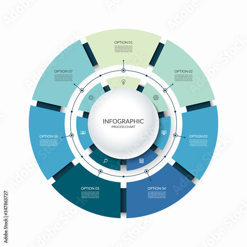 Infographic circular chart divided into 7 parts. Step-by step cycle diagram with seven options designed for report, presentation, data visualization.