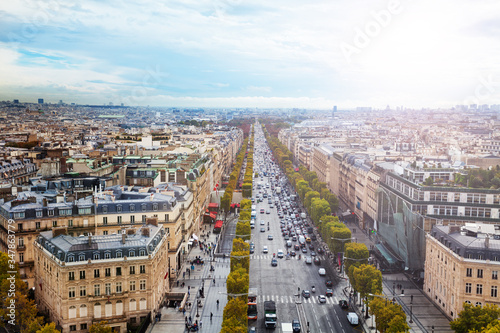 Avenue and des Champs-Elysees view from above in Paris towards downtown