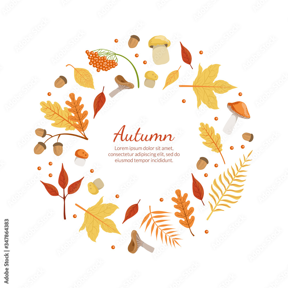 Autumn Banner Template with Colorful Leaves of Round Shape with Space for Text, Fall Season Shopping Promotional Leaflet, Flyer, Invitation Card, Advertising Vector Illustration