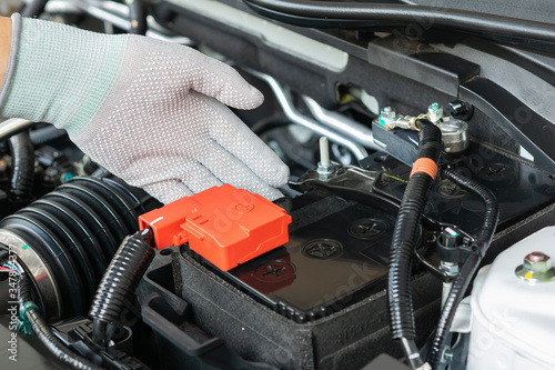 Technician check battery car terminal