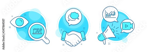 Chat message, Financial diagram and Sales diagram line icons set. Handshake deal, research and promotion complex icons. Video camera sign. Speech bubble, Candlestick chart, Sale growth chart. Vector