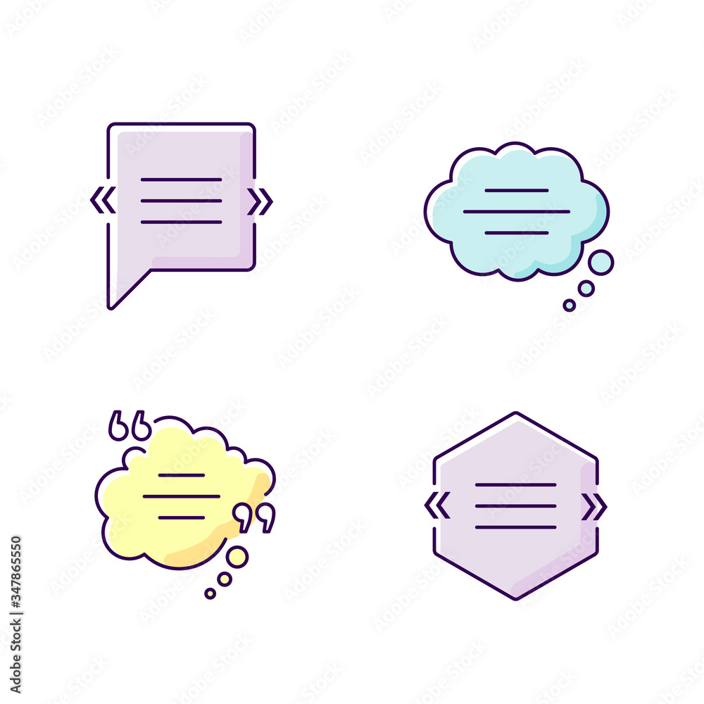 Chat bubble with quotation marks yellow, blue and purple RGB color icons set. Textbox with copyspace. Empty dream clouds. Blank comment box. Isolated vector illustrations