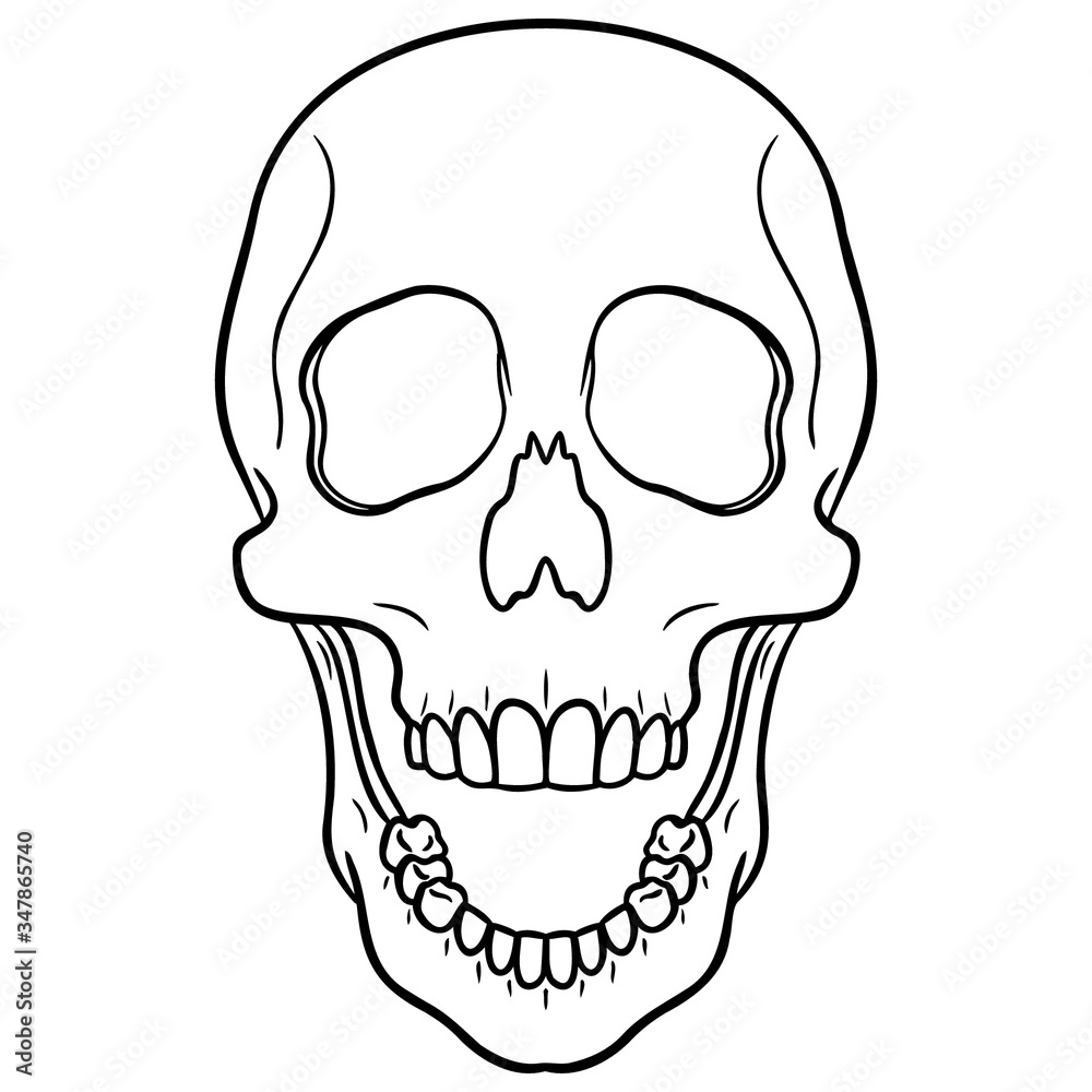 friendly monochrome skull with an open mouth. isolated on white background, comic.