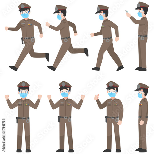 Set of Thai police in brown uniform with New normal life wearing a surgical protective Medical mask and goggles for prevent coronavirus. character pose front side turn around cartoon, Health care.