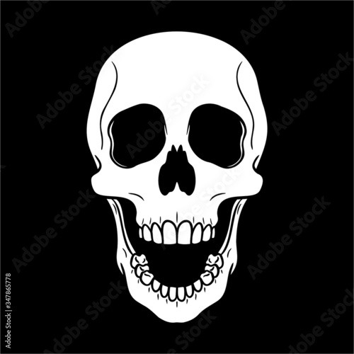 laughing skull with open mouth against black background. vector illustration, comic, isolated, horror.