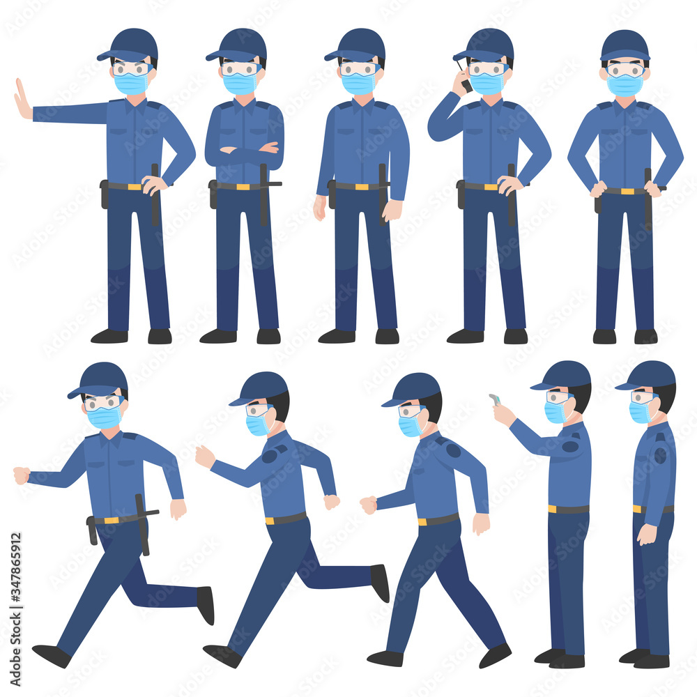 Naklejka Set of security guard in uniform with New normal life wearing a surgical protective Medical mask and goggles for prevent coronavirus. character pose front side turn around cartoon, Health care.