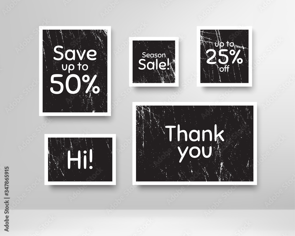 Plakat Season sale, 25% discount and save 50%. Black photo frames with scratches. Thank you phrase. Sale shopping text. Grunge photo frames. Images on wall, retro memory album. Vector