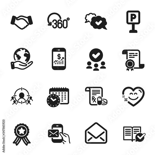 Set of Business icons, such as Handshake, Mobile finance. Certificate, approved group, save planet. Approved documentation, Business targeting, Smile chat. Vector