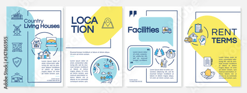 Village houses brochure template. Country living property. Flyer, booklet, leaflet print, cover design with linear icons. Vector layouts for magazines, annual reports, advertising posters