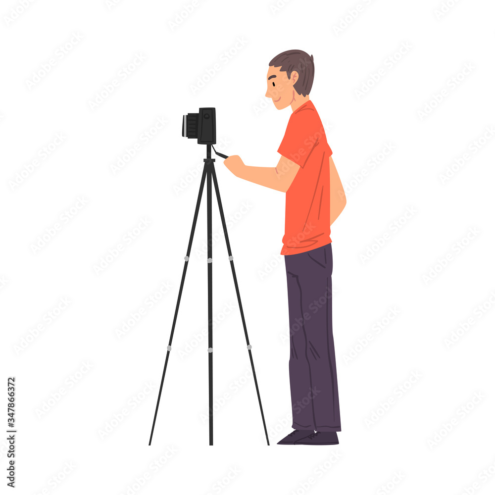 Male Cameraman Shooting with Camera on Tripod, Videographer with Professional Equipment Cartoon Vector Illustration
